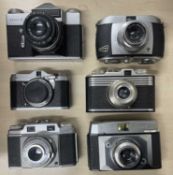 Six vintage cameras to include: Zenit-E; Baldessa I; Iloca Quick; Zeiss Ikon Taxona; Agfa;