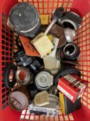 One basket of assorted camera lenses, lens caps, camera accessories etc