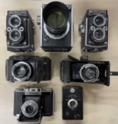 Seven vintage box/folding cameras, to include: Microcord x2; Corfield 66; Agilux Agifold;