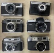 SDix vintage cameras to include: Cosmic Symbol; Petri 7S; Ricoh 35 Flex; Yashica Minister; Arete IC;