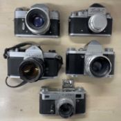 Five vintage camers to include: Zenith-C; Zenit 3; Praktica IV; Asahi Pentax; Kiev 4A