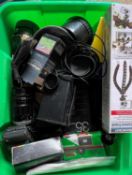 One box of mixed camera and photography accessories, to include stands, lens caps, disposable