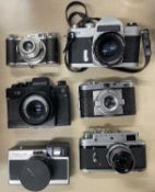 Six vintage cameras to include: Chinon CS; Edinex; Zenit 19; Fujica 35 Automatic; Zorki-4; Edixa