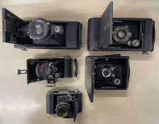 Five vintage cameras to include: Kodak JR Autographic No 2-C; Houghtons Ensign; Voigtlander;