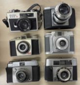 Six vintage cameras to include: Ricoh 500G; Digna; Bilora Bella 66; Kodak bantan Colorsnap; Ilford