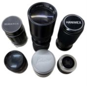 Six lenses to include ~Optomax Auto Zoom F=85-205mm, Hanmex C-Macro f=80-200mm, Kaligar f=150mm,
