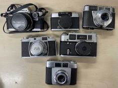 Six vintage cameras, to include: Olympus OM10; Kallo 35; Plympus-Pen EES-2; Coloxa Zeiss Ikon; Kodak
