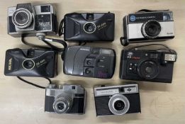 Eight vintage cameras to include: Kodak 155X; Boots 35F Compact; PC-606; Hannimex Gene Motor; Agfa