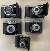 Five vintage cameras to include: Ensign Selfix 820; Ensign Selfix 16-20; Agfa Isolette V; Agilux