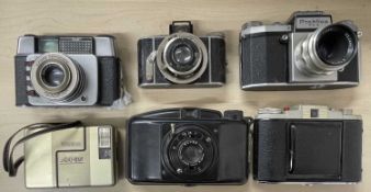 Six vintage camers, to include: Praktica FX 2; Kodak 66; Boyer Serif VIII; Konica AA-35; Ilford