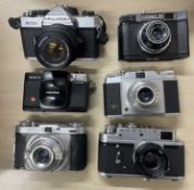 Six vintage cameras to include: Fujica STX-1; Cosmic 35; Halina Micro 35; Agfa; Zorki-4; Edixa