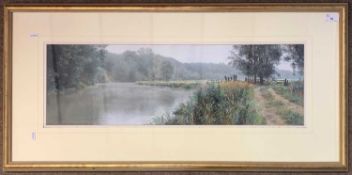 Peter Barker (British, b.1954), Landscape view across pastoral fields, river and distant woodland,