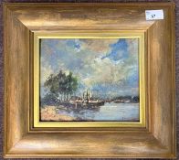 Follower of Edward Seago (1910-1974), River view with moored boats, oil on board, bears signature,
