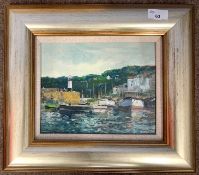 James Proudfoot (1908-1971), Harbour scene, oil on board, signed, dated '63, 8.5x23.5cm, framed