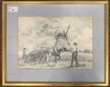 Karl De Grammont (1929-2006), Working the harvest, pencil sketch, signed, 20x29cm, framed and