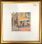 Judy Scott (British, contemporary), 'Blue & White Parasols in the Square-Biot' gouache, signed,