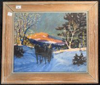 Roger Guerin (20th century), label on canvas verso inscribed 'Horses pulling logs at Meech Lake,