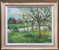 Alan Witney (1914-1996), Riverside orchard, oil on canvas, signed, 49x60cm, framed. Westcliffe