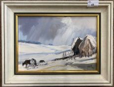 Jason Partner (British, b.1922), Winter landscape with grazing cattle, oil on board, signed and