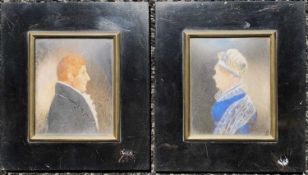 British School, 19th century, A pair of side profile portrait miniatures on bone, inscribed,