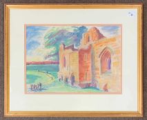 Frith Frank Millward (1906-1982), Figures congregate by a Church, watercolour, unsigned, 32x45cm,