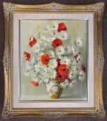 Elizabeth Rouviere (American, 1908-1984), Still life study of daisies and poppies, oil on canvas,