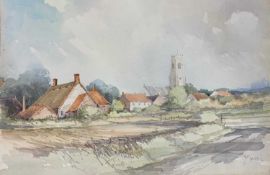 Jason Partner (British, b.1922), Norfolk landscape view across fields to houses and a church,
