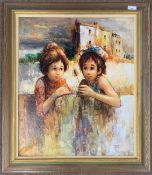 Continental School, 20th century, Children lean on a wall while studying a thistle, oil on canvas,