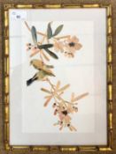 Oriental School, circa 20th century, Birds perched on flower stems, collage on silk, 18x28cm, framed