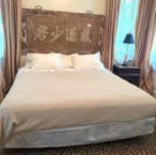 Carved Japanese Wooden Panel and King Size Bedframe with bedding
