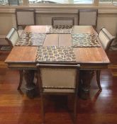 Antique 5 Leg Oak Table with 4 Additional Leaves and 6 chairs