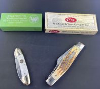 Case XX Amber Bone Peach Seed Large Knife and Hen & Rooster Knife