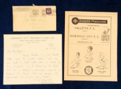 Football autograph etc, Norwich City, George Swindin, Norwich City Manager, 1962, hand-written