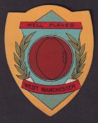 Trade card, Wm. Toole, Football Card Dealer, Shield shaped card, 'Well Played West Manchester' (