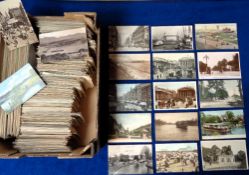 Postcards, UK topo, RPs, printed and artist drawn to include boats, roads, piers, traffic, town