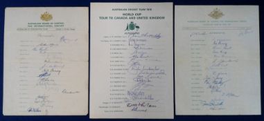 Cricket autographs, Australia, three official printed Australian Cricket Board each one complete