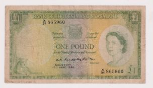 Bank Note, Bank of Rhodesia and Nyasaland £1 note dated 19th June 1959 (slightly grubby and has been
