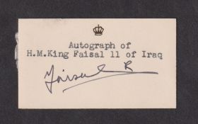 Autograph, Royalty, H.M. King Faisal II of Iraq, a cream card (approx. size 7.75 x 4.5 cms) with