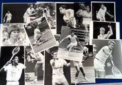 Tennis press photographs, a collection of 90+ photos, mainly b/w, various sizes & mostly 1980's, all