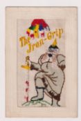 Postcard, Silks, a scarce patriotic embroidered military silk card 'The Iron Grip', depicting a hand