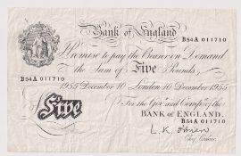 Bank Note, white £5 dated December 10th 1955, L.K. O'Brien, B54A 011710 (light wear)