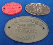 Transportation, 3 vintage 'boiler plates' to comprise J. Hickey & Sons Ltd No. 6902 brass oval plate