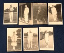 Tennis postcards, 7 b/w photographic cards by Trim, Cochet, Boussus, Borotra, Norton, Vines, Mrs