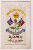 Postcard, Silks, an embroidered military silk card for the Queen's Own Worcestershire Hussars, Q.O.