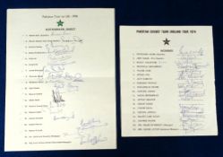 Cricket autographs, Pakistan, two Official autograph sheets for 1974 & 1978 Tours, signatures