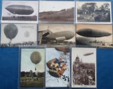 Postcards, Aviation, an airship and balloon mix of 9 cards, with RPs of Parseval in Hamburg,