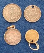 Coins, an 1851 dated gold 1 Dollar coin with drilled hole for hanging together with 3 silver coins