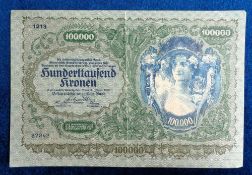 Bank Note, Austrian Government First Issue 100,000 Kronen bank note dated 1922 (has been folded down