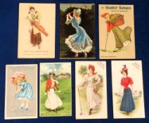 Trade & tobacco cards, Golf, 7 advertising cards, mostly postcard size all with golf related