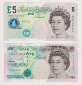 Bank Notes, 2 British Merlyn Lowther £5 notes. Cyphers QM20 000923 and ER50 000468 (vg)